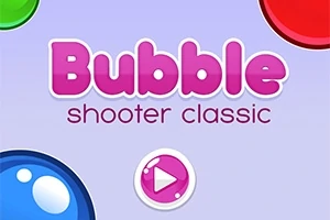 Fargerik grafikk med teksten Bubble shooter classic og en rosa spilleknapp på en lilla bakgrunn