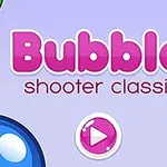 Fargerik grafikk med teksten Bubble shooter classic og en rosa spilleknapp på en lilla bakgrunn