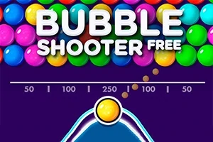 Fargerike bobler øverst med teksten Bubble Shooter Free og en gul boble klar til å skytes fra bunnen mot en måltavle