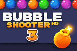 Fargerike bobler øverst og teksten BUBBLE SHOOTER HD 3 med en oransje bombe med en lit en fuse ved siden av