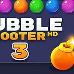 Fargerike bobler øverst og teksten BUBBLE SHOOTER HD 3 med en oransje bombe med en lit en fuse ved siden av