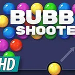 Fargerike kuler i ulike rader med teksten Bubble Shooter HD i midten