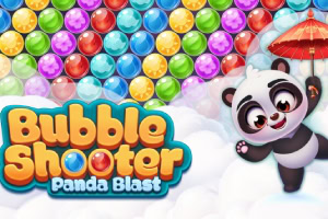 Tegning av en smilende panda med en rød paraply omgitt av fargerike bobler og logoen Bubble Shooter Panda Blast