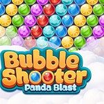 Tegning av en smilende panda med en rød paraply omgitt av fargerike bobler og logoen Bubble Shooter Panda Blast
