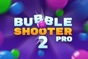 Tittelplakat med teksten Bubble Shooter 2 Pro i fargerike bobler på lilla bakgrunn