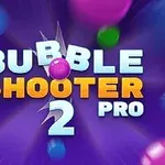 Tittelplakat med teksten Bubble Shooter 2 Pro i fargerike bobler på lilla bakgrunn