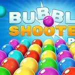 Fargerike kuler foran en blå bakgrunn med teksten Bubble Shooter Pro