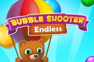 En brun bjørn holder en fargerik ballong med teksten Bubble Shooter Endless over hodet, mot en blå bakgrunn med fargerike baller
