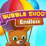 En brun bjørn holder en fargerik ballong med teksten Bubble Shooter Endless over hodet, mot en blå bakgrunn med fargerike baller