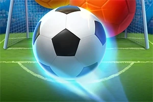 En fotball i bevegelse foran et mål med andre fargede baller i bakgrunnen