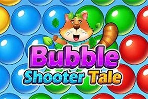Fargede bobler i bakgrunnen med en tegnet, smilende katt øverst og teksten Bubble Shooter Tale i forgrunnen