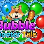 Fargede bobler i bakgrunnen med en tegnet, smilende katt øverst og teksten Bubble Shooter Tale i forgrunnen