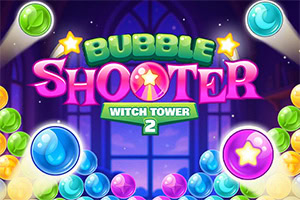 Bubble Shooter Witch Tower 2 Fargerike bobler med stjerner og teksten Bubble Shooter Witch Tower 2 på en bakgrunn med buede vinduer