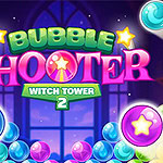 Bubble Shooter Witch Tower 2 Fargerike bobler med stjerner og teksten Bubble Shooter Witch Tower 2 på en bakgrunn med buede vinduer