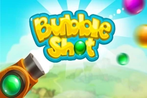 Fargerik tegneserieillustrasjon med teksten Bubble Shot, bobler i forskjellige farger, og en kanon i forgrunnen