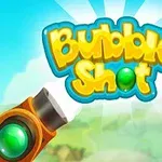 Fargerik tegneserieillustrasjon med teksten Bubble Shot, bobler i forskjellige farger, og en kanon i forgrunnen