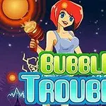 En tegneseriefigur med rødt hår og blå kjole holder en lysende stav mot en nattehimmel med stjerner og elektriske gnister, med teksten Bubble Trouble i forgrunnen