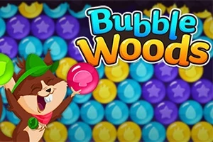 En glad tegneseriefigur med en grønn hatt holder en rosa boble foran et fargerikt boblemønster med teksten Bubble Woods