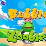 Fargerik illustrasjon med tegneseriefigurer, en grønn frosk, og teksten Bubble Zoobies på en blå bakgrunn