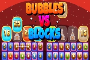 Fargerik grafikk med teksten BUBBLES VS BLOCKS over tall og blokker i et spilldesign