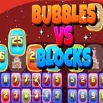 Fargerik grafikk med teksten BUBBLES VS BLOCKS over tall og blokker i et spilldesign