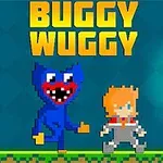 En pikselert blå figur med bredt smil står ved siden av en annen figur med oransje hår, på en grønn stripe med teksten Buggy Wuggy over