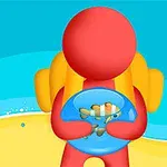 Rød figur med gul ryggsekk holder en tallerken med sushi foran en strandbakgrunn