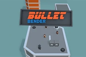 En plattform med flere figurer og skilt med teksten Bullet Bender i stor skrift
