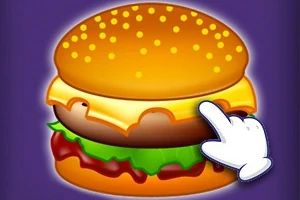 En illustrasjon av en cheeseburger med en animert hånd som peker på den, på en lilla bakgrunn
