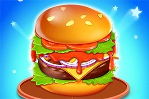 En fargerik tegning av en stor burger med sesambolle, salat, kjøtt, ost, tomat og løk mot en blå bakgrunn med stjerner