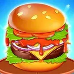 En fargerik tegning av en stor burger med sesambolle, salat, kjøtt, ost, tomat og løk mot en blå bakgrunn med stjerner