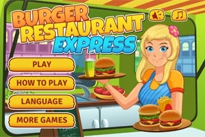 En tegneseriefigur med blondt hår og forkle holder en matbrett med hamburgere og pomfritter, omgitt av fargerik tekst og menyknapper