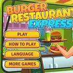 En tegneseriefigur med blondt hår og forkle holder en matbrett med hamburgere og pomfritter, omgitt av fargerik tekst og menyknapper