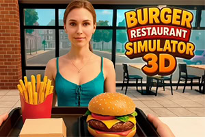 Kvinne i turkis topp bak en restaurantdisk med hamburger, pommes frites og stort skilt med «Burger Restaurant Simulator 3D»
