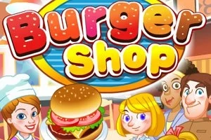 Fargerik illustrasjon av flere tegn med en stor burger i forgrunnen og teksten Burger Shop øverst