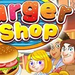 Fargerik illustrasjon av flere tegn med en stor burger i forgrunnen og teksten Burger Shop øverst