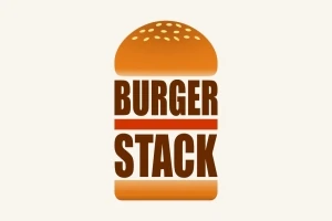 Logo med ordene BURGER STACK i midten av en illustrasjon av en burgerbolle
