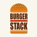 Logo med ordene BURGER STACK i midten av en illustrasjon av en burgerbolle