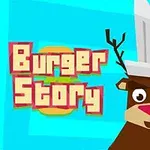 En tegneserieaktig reinsdyr med kokkehatt ved siden av teksten Burger Story mot en blå bakgrunn