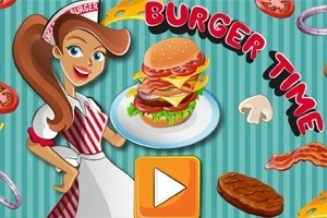 En tegnet servitør holder en tallerken med en hamburger, omgitt av forskjellige burgeringredienser og teksten Burger Time