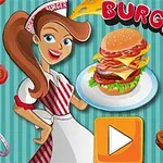 En tegnet servitør holder en tallerken med en hamburger, omgitt av forskjellige burgeringredienser og teksten Burger Time