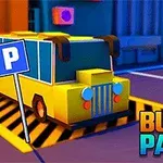 Tegnet gul buss parkert ved siden av et blått P-skilt, med teksten Bus Parking i hjørnet
