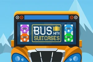 En illustrasjon av en buss med en skjerm som viser teksten Bus with Suitcases, omgitt av ikoner av kofferter, med fjell i bakgrunnen