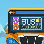 En illustrasjon av en buss med en skjerm som viser teksten Bus with Suitcases, omgitt av ikoner av kofferter, med fjell i bakgrunnen