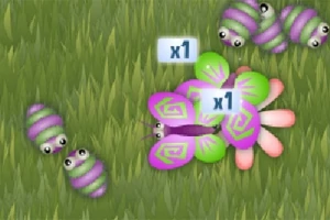 En lilla sommerfugl med grønne og rosa detaljer omringet av stripete lilla og grønne larver på et gressunderlag