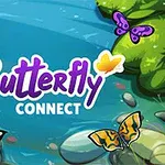 Fargerike sommerfugler svever rundt ordene Butterfly Connect over en tegnet bakgrunn med vann, steiner og grønne planter