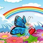 En tegneserieaktig sommerfugl med blå vinger holder en vannkanne blant fargerike blomster under en regnbue og blå himmel med skyer