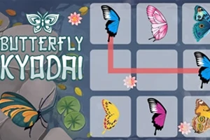 Fargerike sommerfugler og blomster vises ved siden av hverandre på et rutenett med teksten Butterfly Kyodai