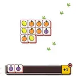 Illustrasjon av et rutenett med fruktikoner, omringet av minimalistisk plantegrafikk, og en poengindikator nederst med et lilla løk-ikon