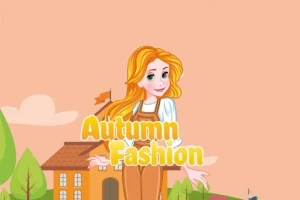 Tegneseriefigur med langt oransje hår iført brune klær, foran et hus med teksten Autumn Fashion